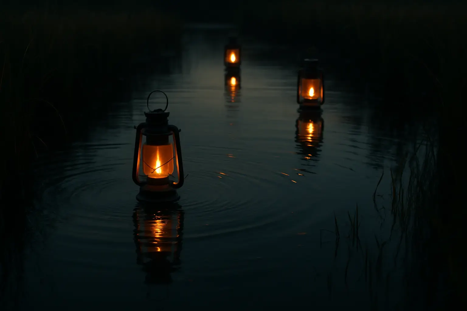 Still marsh water reflecting amber lantern light at dusk