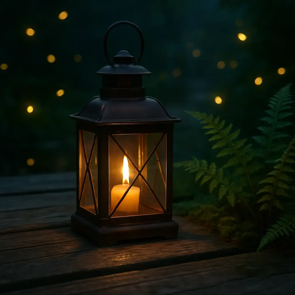 Copper and glass lantern resting on weathered dock boards at dusk