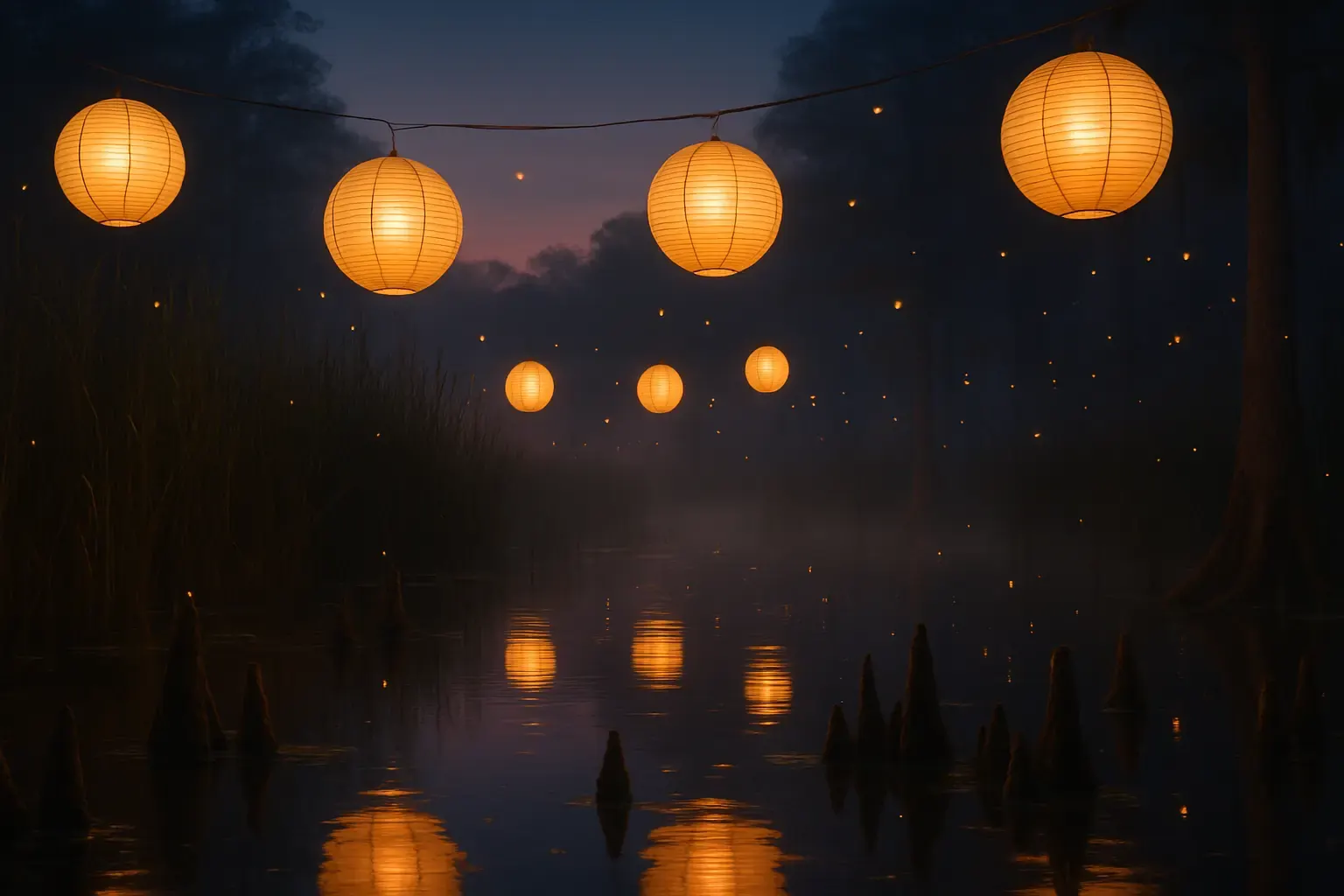 Marsh dusk with hanging lanterns over still water among tall reeds